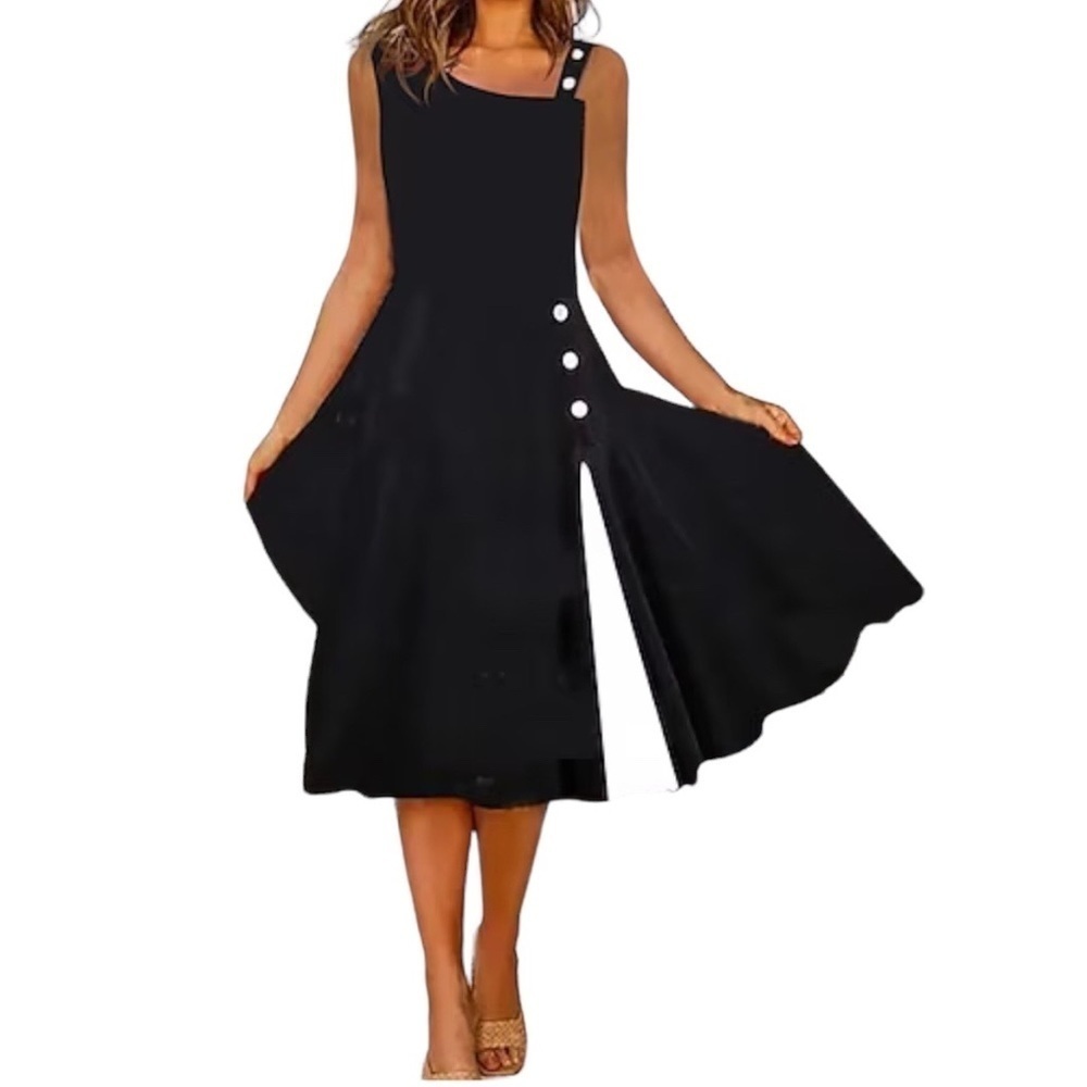 Women's Casual Dress Midi Spring Summer Dress Black Sleeveless Ruched SizeS NWT